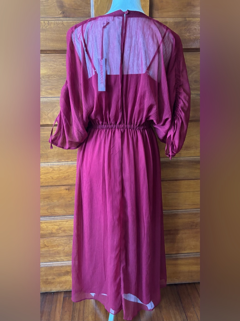 Sheer Overlay Waist-Defined Maxi Dress - Burgundy - Picture 4 of 8